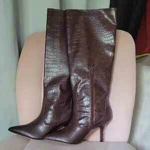 Express Dark Brown Croc-Embossed Heeled Boots
